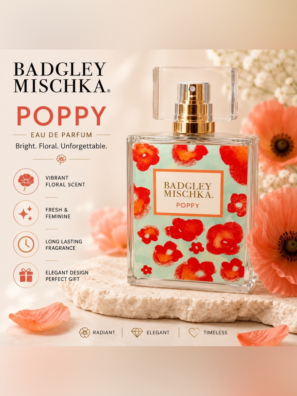 Badgley Mischka Poppy  Magnolia, Peony, and Plumeria add a romantic sweet floral